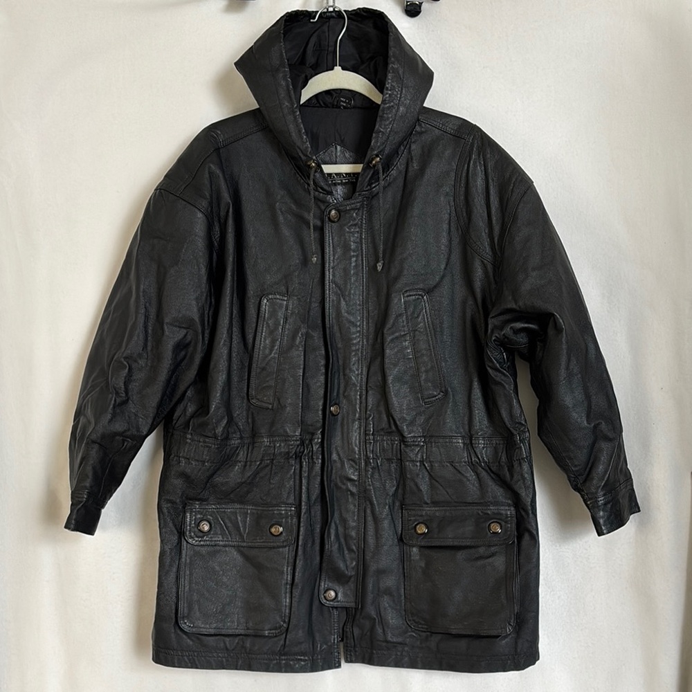 D.A.N.Y. New York Women Sz XL 100% Leather Black Hooded Jacket lined pockets